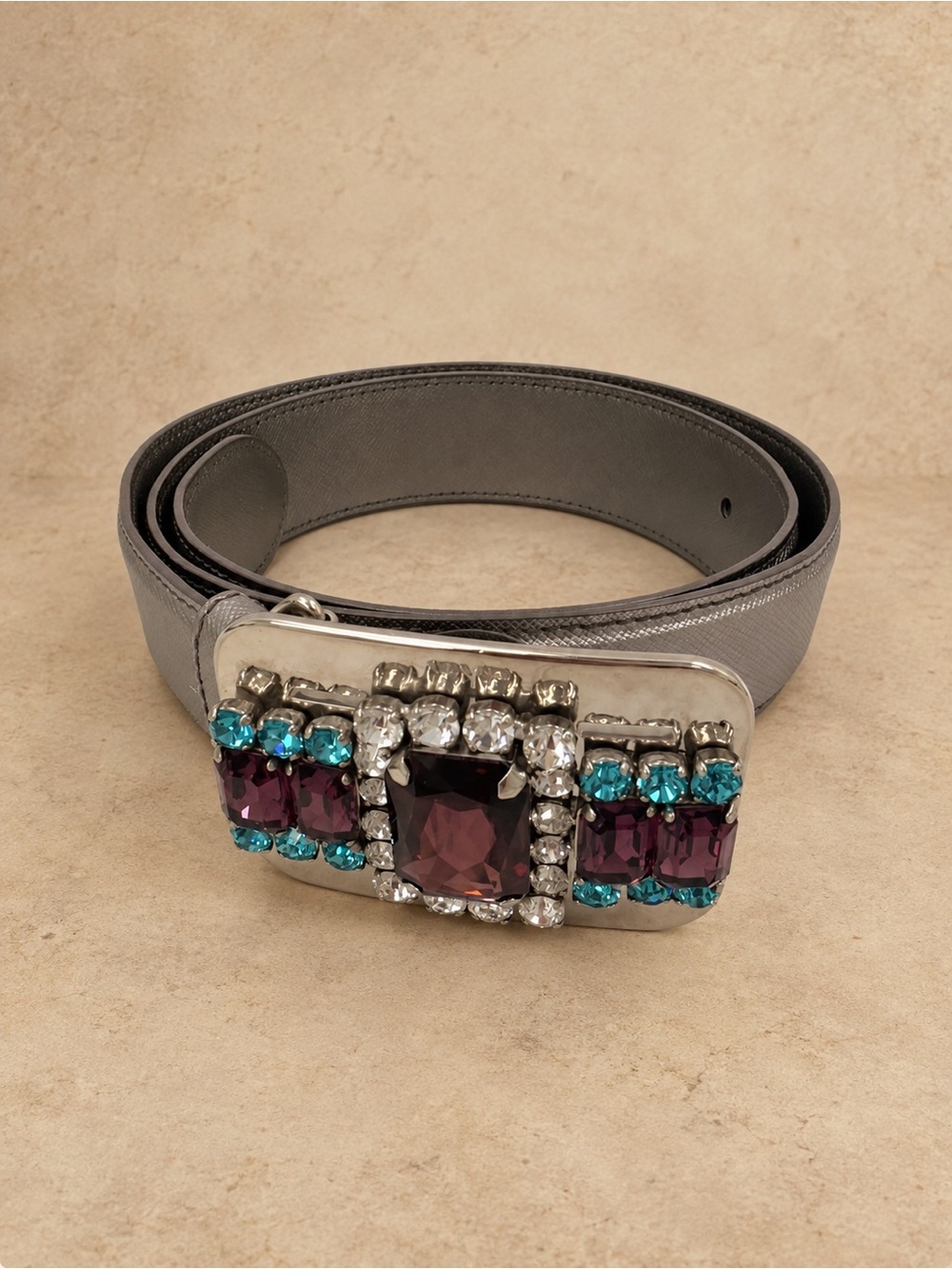 Prada Jeweled Buckle Belt with Burgundy, Teal & Clear Crystals with COA